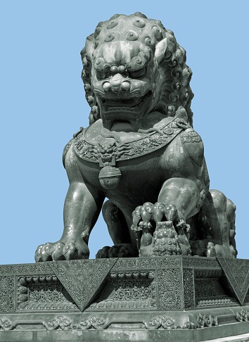 metallic sculpture of a Chinese Lion