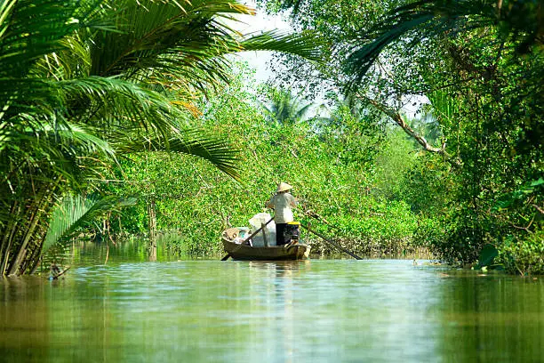 Photo of Woman driving a boat in the mekong delta. Vietnam.