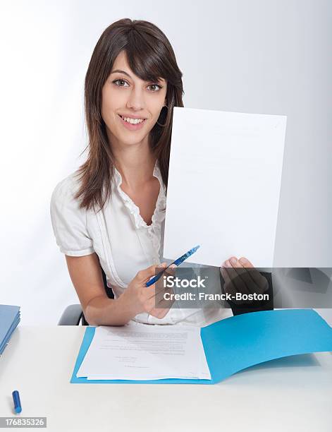 Happy Business Woman With Your Message Stock Photo - Download Image Now - Fine Print, Reading, Administrator