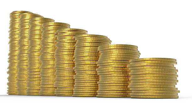 postęp lub nadania: stosy złota monet - decline gold wages frequency zdjęcia i obrazy z banku zdjęć