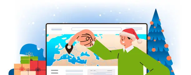 Vector illustration of man tourist in santa claus hat placing location mark or pin on world map choose your destination international touristic service travelling