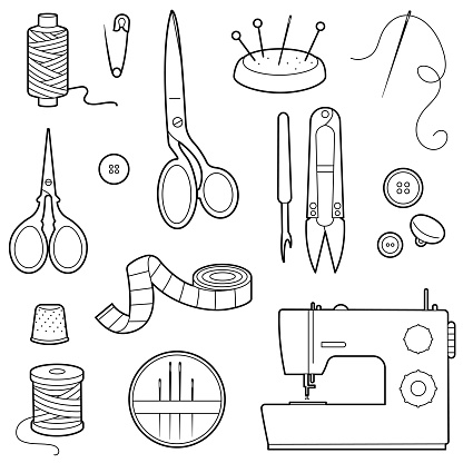 Sewing tools black outline set. Sewing accessories for hobby. Buttons, threads, sewing machine, scissors, pillow with needles, centimeter. Vector