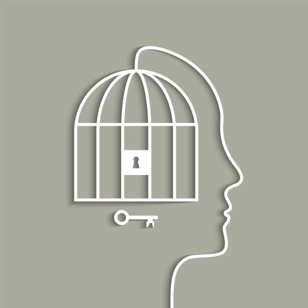 istock Head and locked cage as mental prison concept, lock with keyhole and key to unlock it 1768374092
