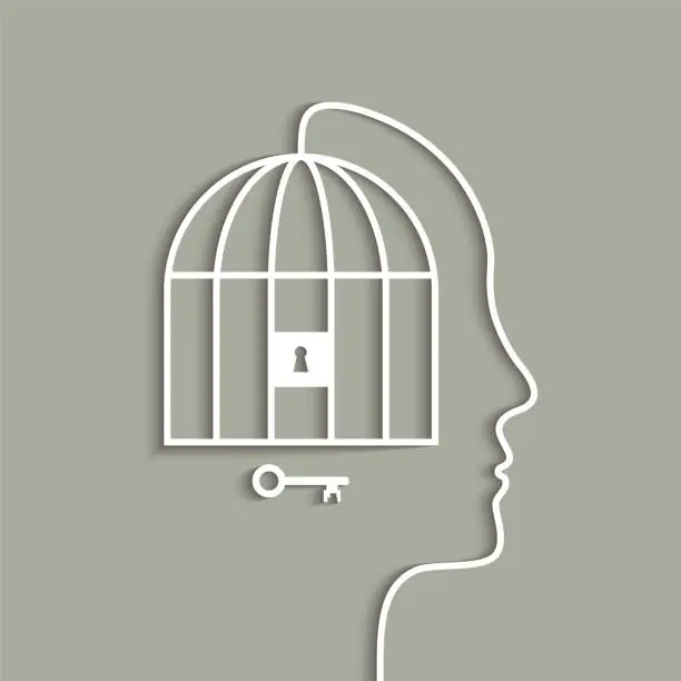 Vector illustration of Head and locked cage as mental prison concept, lock with keyhole and key to unlock it