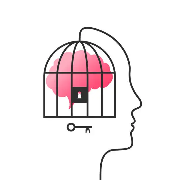 Vector illustration of Human brain in cage as mental prison, trauma, memory loss, amnesia, thinking difficulty or related problem concept