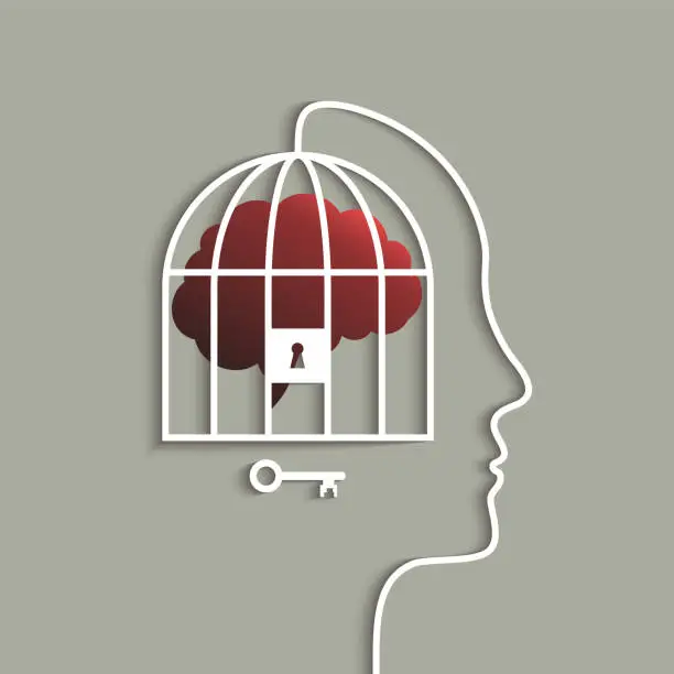 Vector illustration of Human head with brain in cage concept, lock and key conceptual symbol