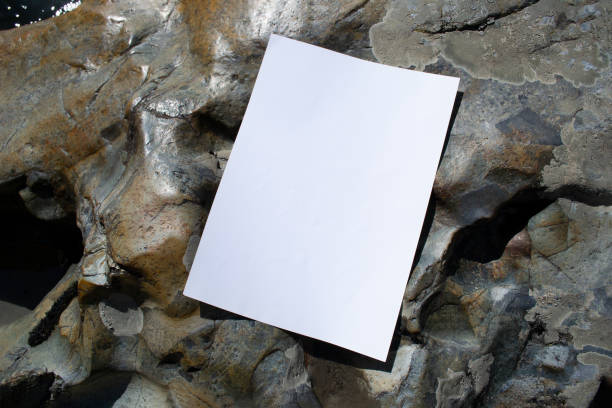 istock Mockup sheet on large mountain stones in diffused sunlight. Layout of poster on stone 1768385118