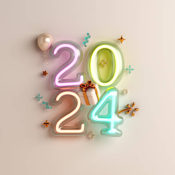 istock Happy new year 2024 decoration background with neon glass, balloon, gift box, 3D rendering illustration 1768385121