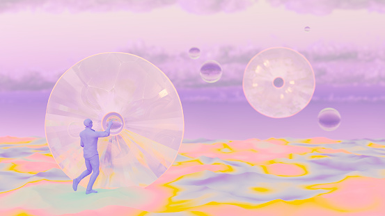 Metaverse concept, digitally generated surreal landscape with avatar and transparent objects