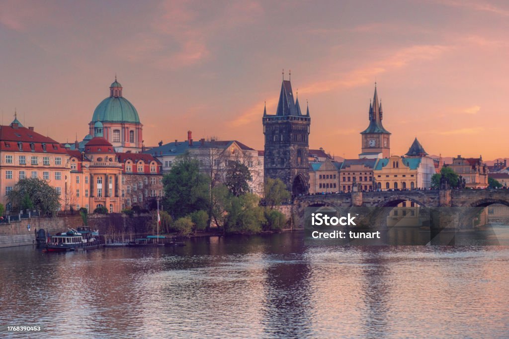 Old Townscape, Vltava River and Charles Bridge in Prague Prague, Czech Republic 15th Century Style Stock Photo