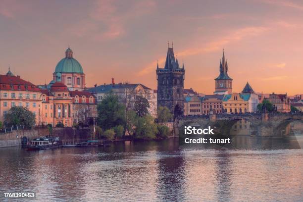 Old Townscape Vltava River And Charles Bridge In Prague Stock Photo - Download Image Now
