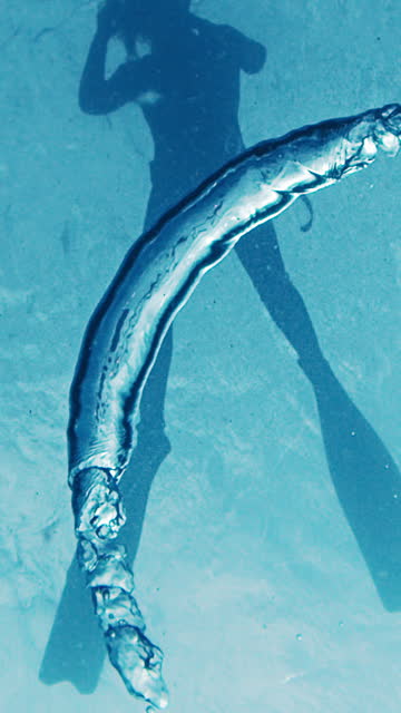 Ring bubble ascends underwater with silhouette of the freediver on the background