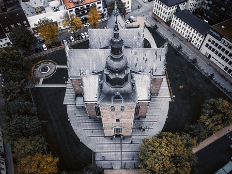 Kristianstad, Sweden – October 27, 2023: Aerial drone footage of the historic church in Kristianstad, Sweden