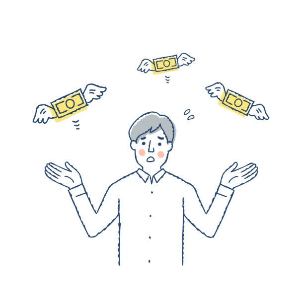 A young man is in trouble because his bills fly off Men, money, lack of money, life, household budget, waste, planning, failure, worries money shortage stock illustrations