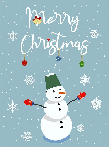 Christmas greeting card flat vector in cartoon style. Cute snowman in bucket and mittens illustration on snowy background. Merry Christmas concept