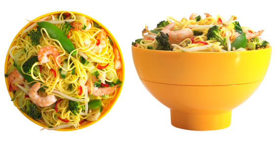 fresh yellow bowl with crisp asian prawn salad