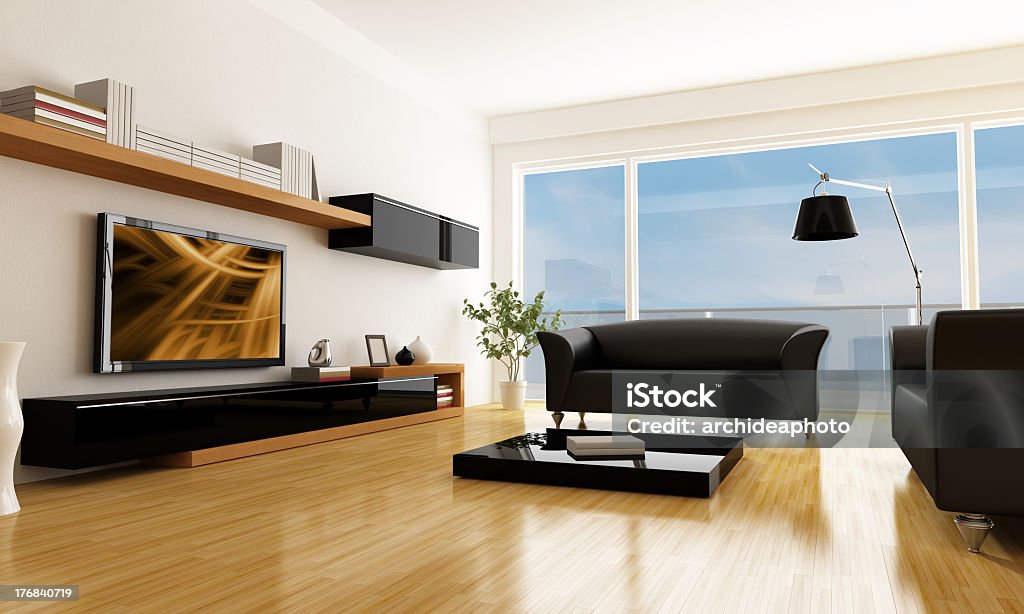 Modern spacious living room with panoramic view black and white living room with lcd tv -the art picture on screen is a my composition Black Color Stock Photo