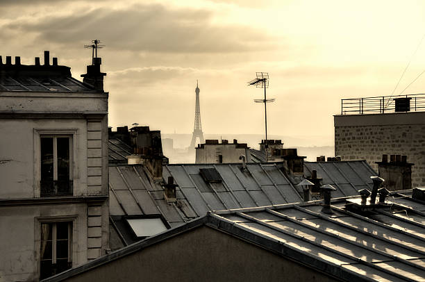 telhados parisiense - television aerial roof antenna city imagens e fotografias de stock