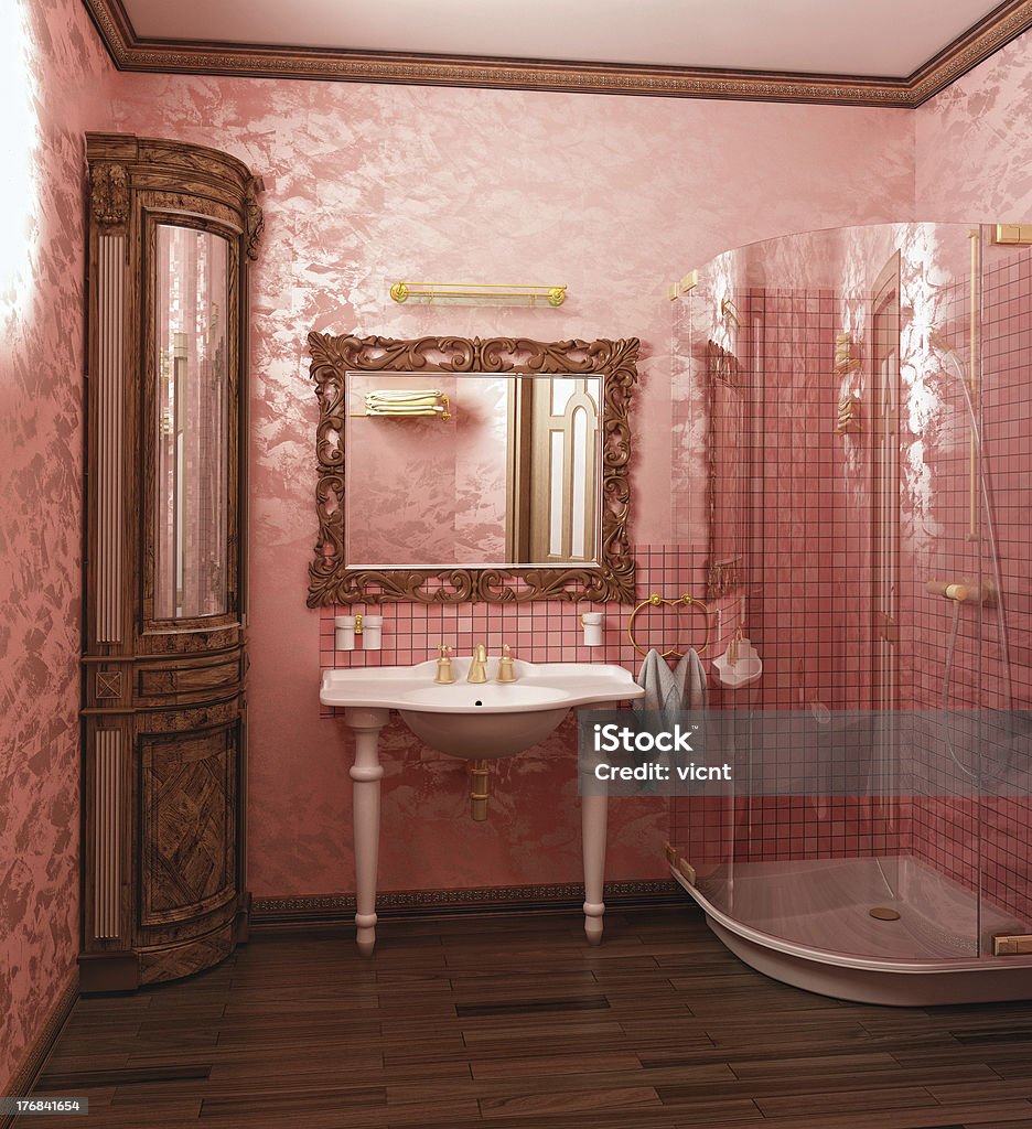 bathroom interior luxury pink coloured bathroom interior (3d rendering) Bathroom Stock Photo