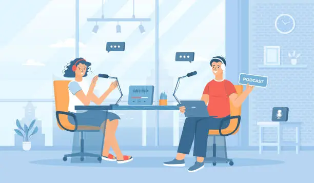 Vector illustration of Recording audio podcast. Live streaming, broadcast, news, interview, talk show, blog. Man and woman with headphones talking to microphones. Flat cartoon vector illustration with people characters