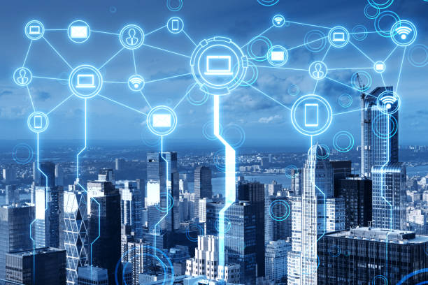 istock Creative glowing smart city hologram wallpaper. Innovation and future concept. Double exposure. 1768420349