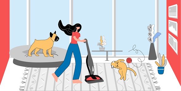 The woman is cleaning the room. A cat and a dog play with a ball of thread and interfere with vacuuming the floor. Vector illustration, pet friendly concept
