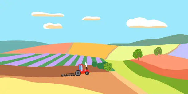 Vector illustration of Tractor plows the ground.
