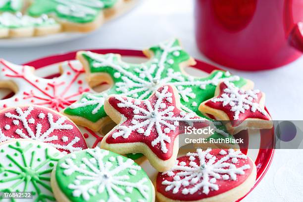 Red And Green Iced Christmas Biscuits Stock Photo - Download Image Now - Christmas, Sugar Cookie, Cookie