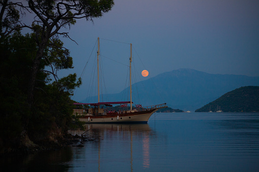 A sailboat anchored in a cove under moonlight.