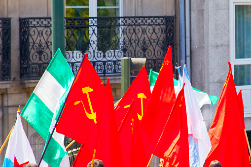 Group of red communist flags.   Santiago de Compostela, A Coruña province, Galicia, Spain.
