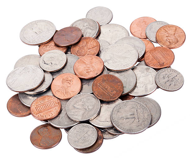 Isolated US Coins Pile "A pile of various American coins (quarters, dimes, nickels, pennies) isolated on white background." ten cents stock pictures, royalty-free photos & images