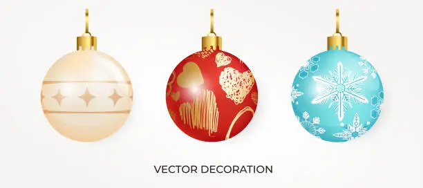 Vector illustration of et of white, red, blue and gold realistic Christmas decorations