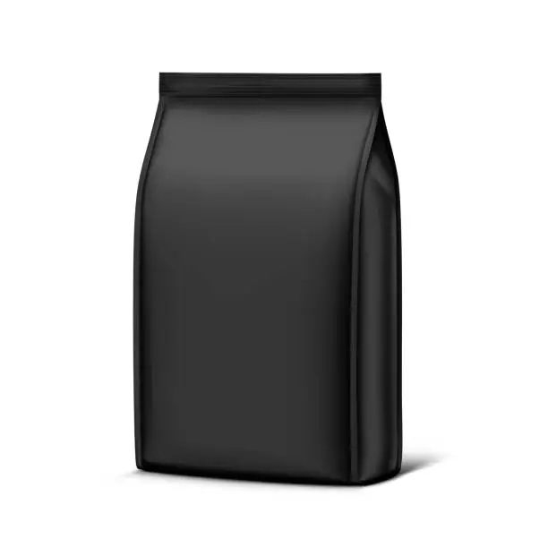 Vector illustration of Vertical black bag mockup. Flat bottom gusset bag.