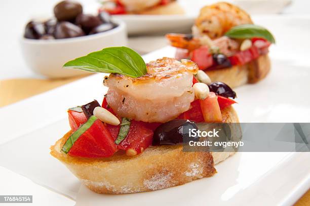 Shrimp Bruschetta Stock Photo - Download Image Now - Antipasto, Appetizer, Basil
