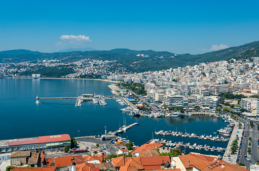 View the city of Kavala with marina. Greece, Europe.