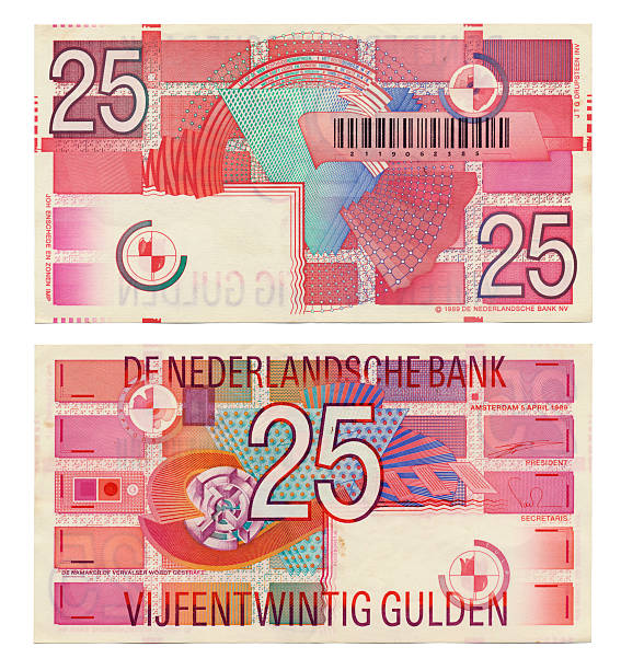 Discontinued Dutch Money - 25 Gulden "Two sides of a Dutch 25 Gulden (Gilder) money note printed in 1989.The Dutch guilder (Dutch: gulden, sign: &#402; or fl.) was the currency of the Netherlands from the 17th century until 2002, when it was replaced by the euro.Isolated on white background." dutch guilders stock pictures, royalty-free photos & images