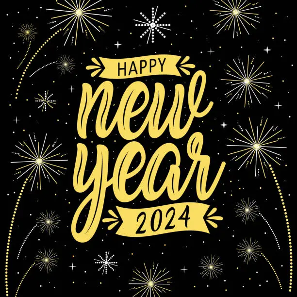 Vector illustration of Happy new year 2024 with festive. Lettering Composition With Stars And Sparkles. Vector Illustration. dark background. holyday decorative elements. congratulation