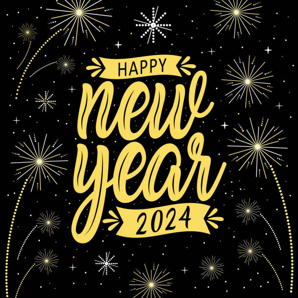 happy new year 2024 with festive. lettering composition with stars and sparkles. vector illustration. dark background. holyday decorative elements. congratulation - happy new year 2024 幅插畫檔、美工圖案、卡通及圖標