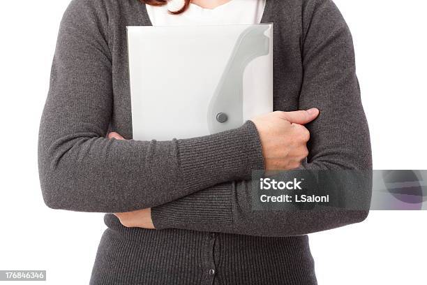 Businesswoman With Folder Isolated On White Stock Photo - Download Image Now - Adult, Adults Only, Blue-collar Worker