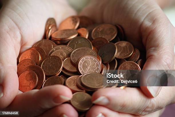 Small Change In Hands Stock Photo - Download Image Now - Cent Sign, European Union Currency, Euro Symbol