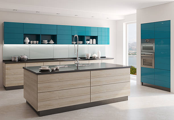 moderna cocina - cocina turquesa fotografías e imágenes de stock