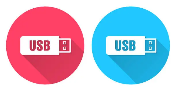Vector illustration of USB flash drive. Round icon with long shadow on red or blue background