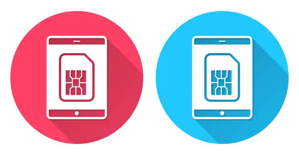 Vector illustration of Tablet PC with SIM card. Round icon with long shadow on red or blue background