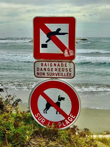 Sign on the beach in Saint Maries de la Mer, France