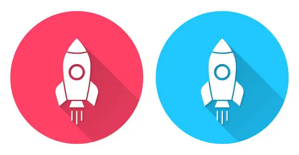 Vector illustration of Rocket. Round icon with long shadow on red or blue background