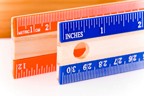 Units of measurement for length: inches (the English system) and centimeters (the Metric system). Rulers are aligned so the left edge of the ruler in the foreground marks the conversion of one inch into centimeters (roughly 2.5cm).Shot at f/13. Most but not all imperfections cloned out of rulers. Please zoom in for detail.