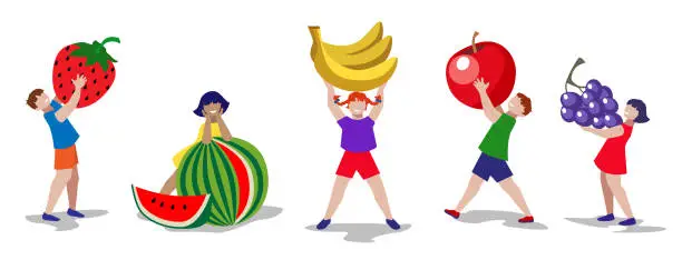 Vector illustration of kids taking fruits