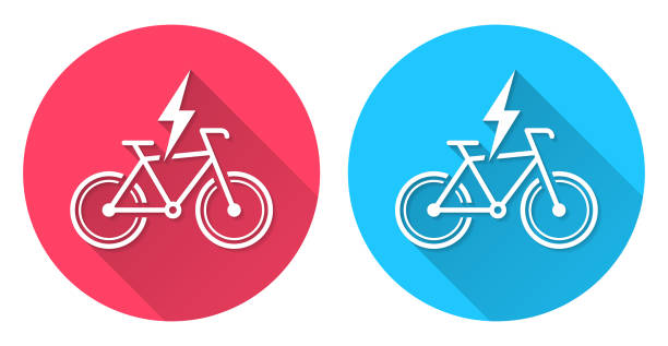 전기 자전거를 담당합니다. 빨간색 또는 파란색 배경에 긴 그림자가 있는 둥근 아이콘 - bicycle racing bicycle isolated red stock illustrations