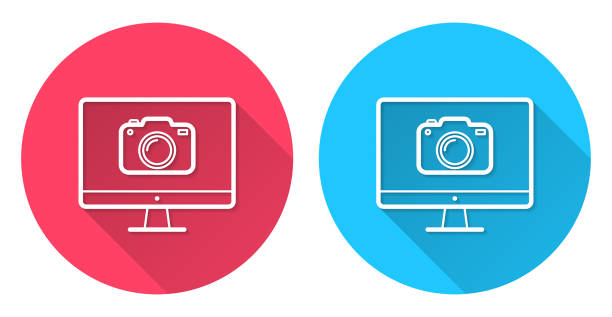 ilustrações de stock, clip art, desenhos animados e ícones de desktop computer with camera. round icon with long shadow on red or blue background - conference call flash