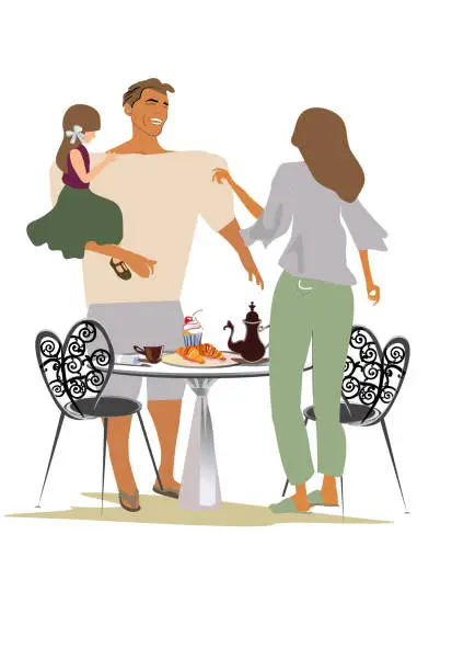 Vector illustration of Father and mother with their little daughter eating at the table. Hand drawn vector family illustration.